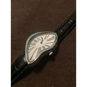 Melted watch face silver and black leather strap Salvador Dali custom Cartier